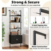 72.5-inch tall black bookshelf with metal frame, featuring open shelves and cabinet, ideal for living room or office.