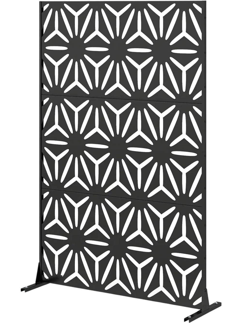 Freestanding 72"H x 48"W black fence panel with hollow-carved design, ideal for privacy in patio or backyard settings.