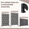 Freestanding black fence panel, 72"H x 48"W, with hollow-carved design and pre-drilled holes for customizable assembly.