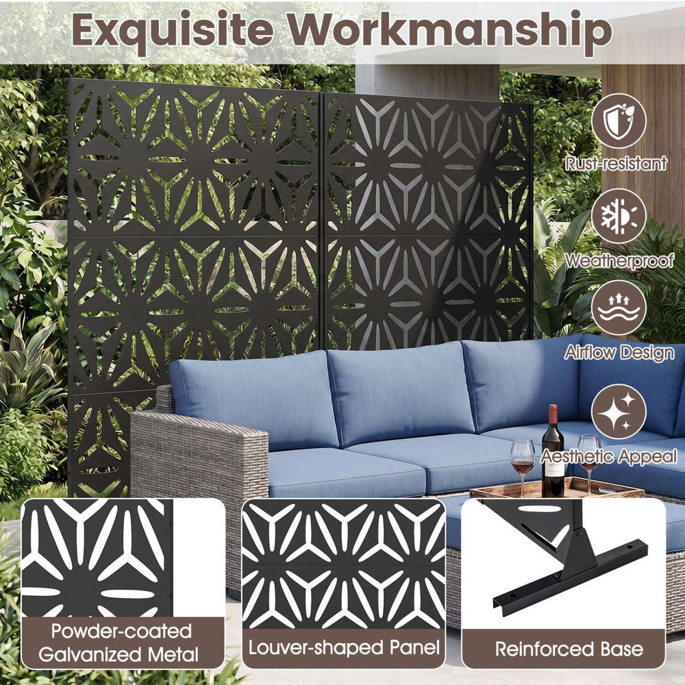 Freestanding 72"H x 48"W black fence panel with louver-shaped design, made of rust-resistant galvanized metal for.