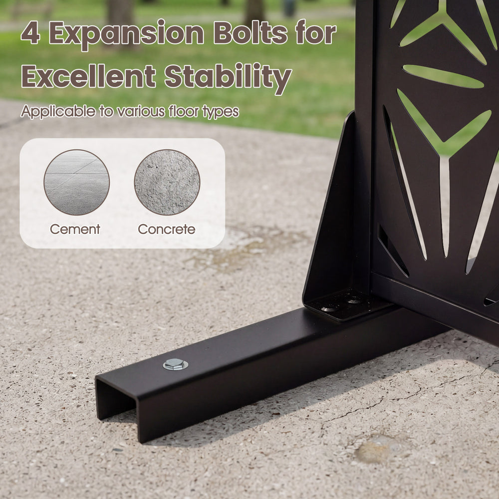 Freestanding black fence panel with reinforced base and expansion bolts, suitable for various floor types and outdoor.