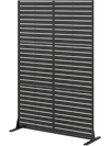 Freestanding 72"H x 48"W black decorative divider screen with hollow-carved design, ideal for outdoor privacy.