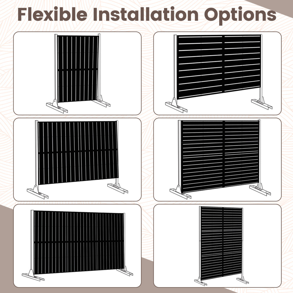 Freestanding 72"H x 48"W black decorative divider screen with adjustable stand, suitable for patio or backyard use.