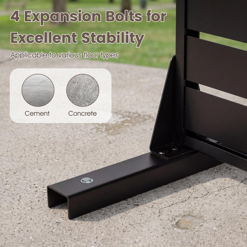 Freestanding 72"H x 48"W black outdoor divider screen with reinforced base and 4 expansion bolts for stability.
