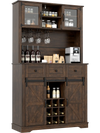 72-inch brown coffee bar cabinet with sliding barn doors, glass hutch, wine rack, and ample storage for kitchens and.
