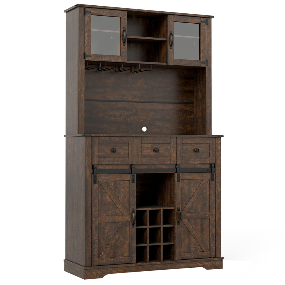 72-inch brown coffee bar cabinet with sliding barn doors, glass-door hutch, wine rack, and ample storage for kitchen or.