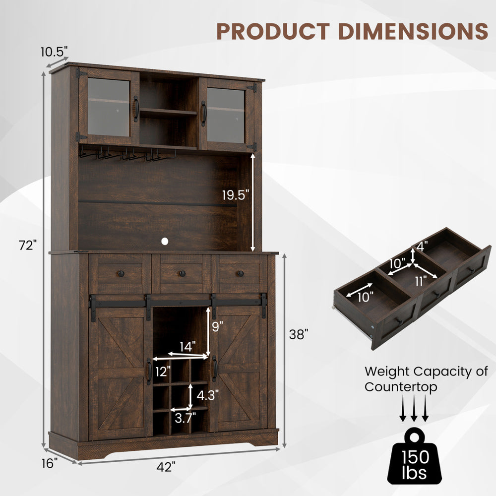 72-inch coffee bar cabinet in brown with sliding barn doors, adjustable shelves, and wine rack for kitchen or dining.