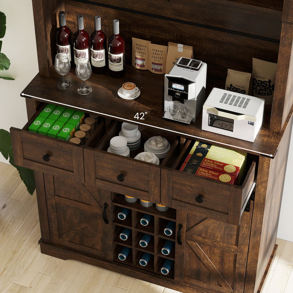 72-inch brown coffee bar cabinet with sliding barn doors, featuring ample storage, wine rack, and adjustable shelves.