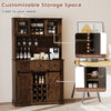 72-inch brown coffee bar cabinet featuring sliding barn doors, adjustable shelves, and ample storage for kitchen or.