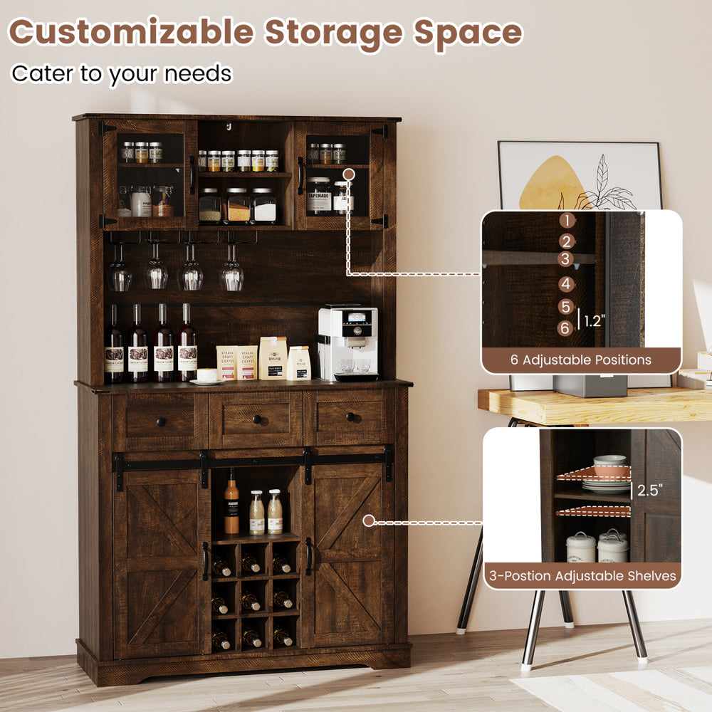 72-inch brown coffee bar cabinet featuring sliding barn doors, adjustable shelves, and ample storage for kitchen or.
