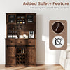 72-inch brown coffee bar cabinet with sliding barn doors, adjustable shelves, and anti-tipping kit for safety.