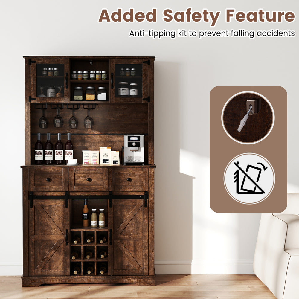 72-inch brown coffee bar cabinet with sliding barn doors, adjustable shelves, and anti-tipping kit for safety.