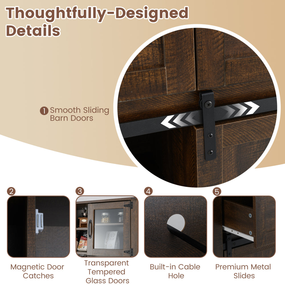 Close-up of the 72-inch coffee bar cabinet with sliding barn doors, featuring tempered glass doors and adjustable.