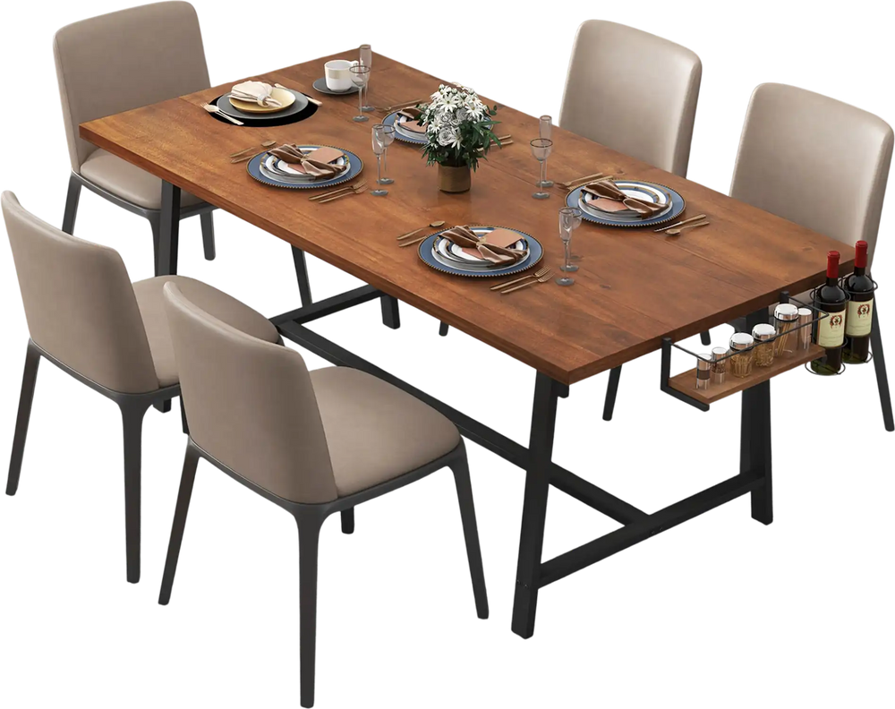 Rectangular 72-inch walnut dining table with 2-bottle wine rack, seating 5-7, ideal for kitchen or dining room use.