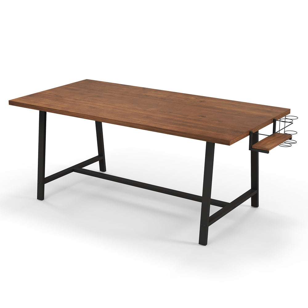 Rectangular 72-inch walnut dining table with metal legs and 2-bottle wine rack, perfect for 5-7 people in dining areas.