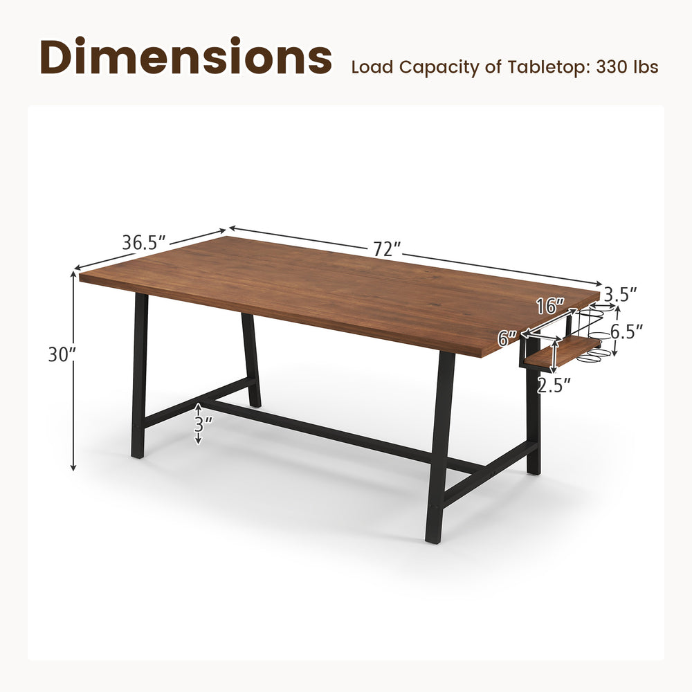 Rectangular 72-inch walnut dining table with 2-bottle wine rack, measuring 30 inches high, ideal for 5-7 people.