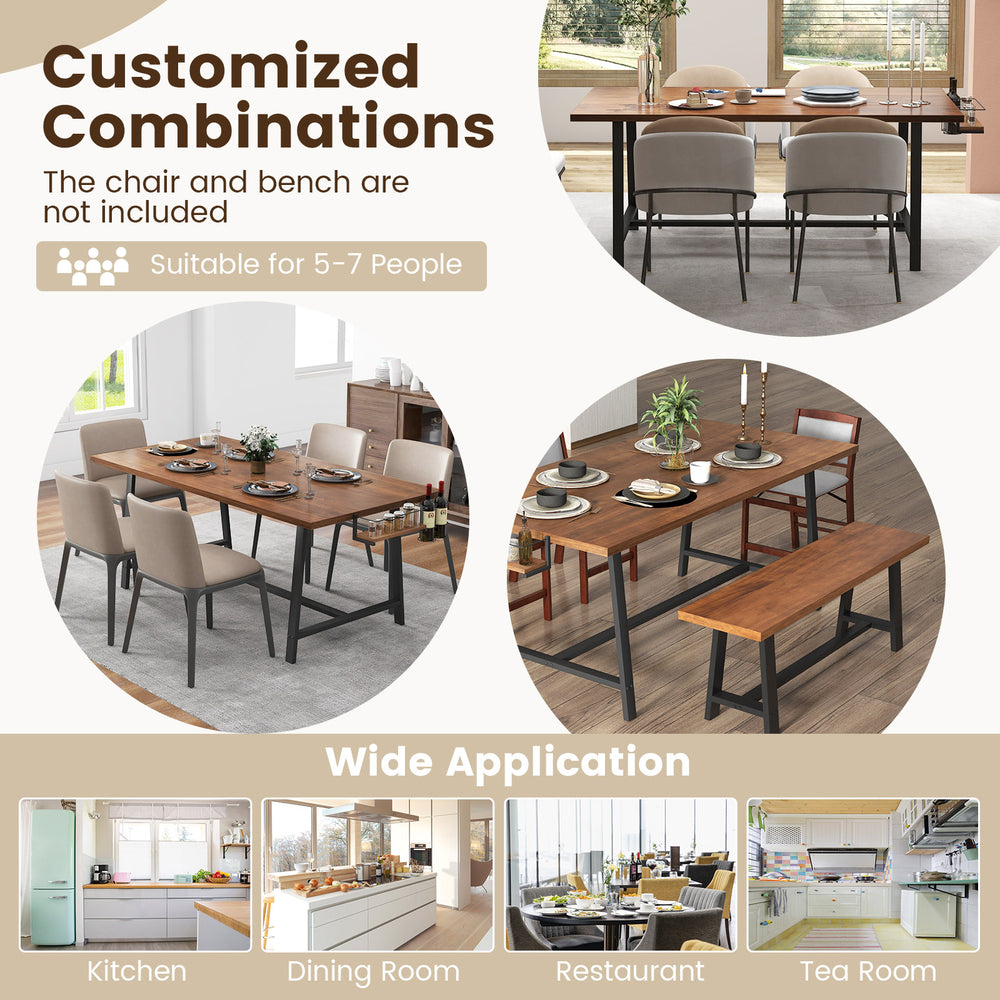 Rectangular 72-inch walnut dining table with 2-bottle wine rack, suitable for 5-7 people in various settings.