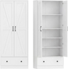 White farmhouse kitchen pantry cabinet with two doors, four adjustable shelves, and a bottom drawer for organized.