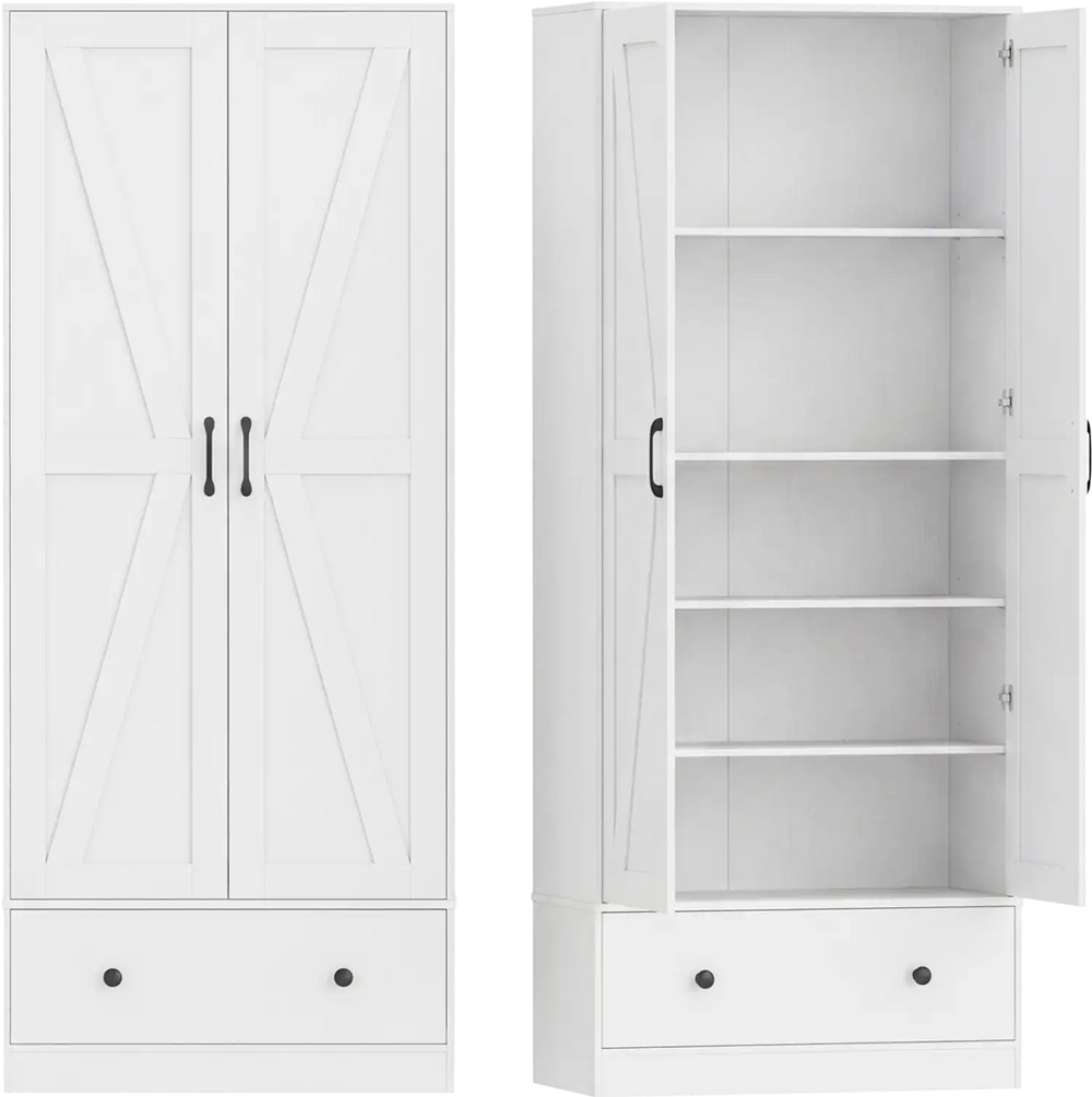 White farmhouse kitchen pantry cabinet with two doors, four adjustable shelves, and a bottom drawer for organized.