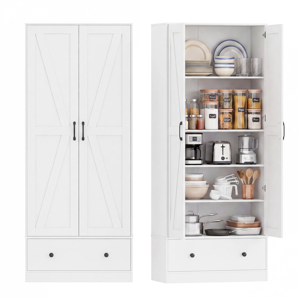 White 72-inch tall kitchen pantry cabinet with two doors, featuring removable shelves and an extra drawer for organized.
