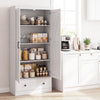 White farmhouse kitchen pantry cabinet with 4-tier shelves, extra drawer, and soft-close doors for organized storage.