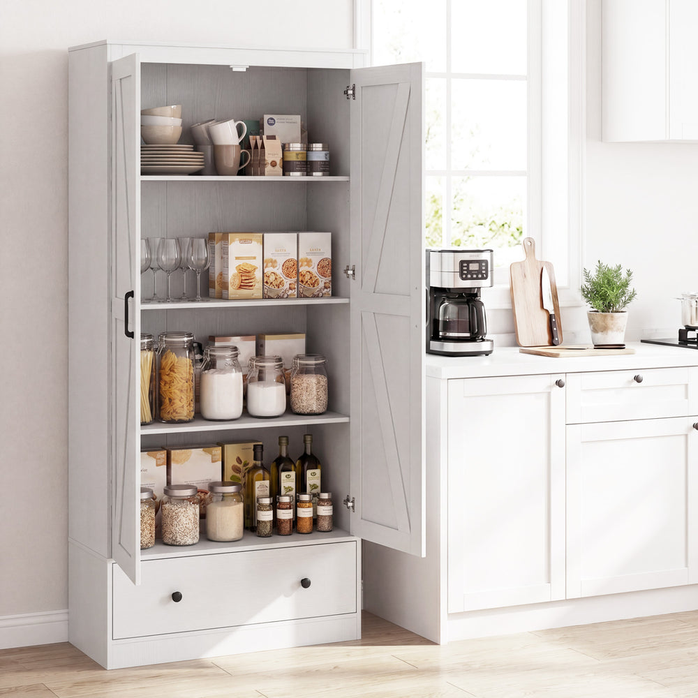White farmhouse kitchen pantry cabinet with 4-tier shelves, extra drawer, and soft-close doors for organized storage.