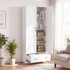 White farmhouse-style kitchen pantry cabinet with two doors, four removable shelves, and an extra drawer for storage.