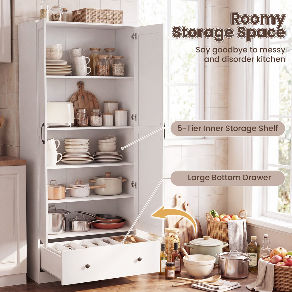 72-inch tall white kitchen pantry cabinet featuring a 5-tier shelf and large bottom drawer for organized storage.