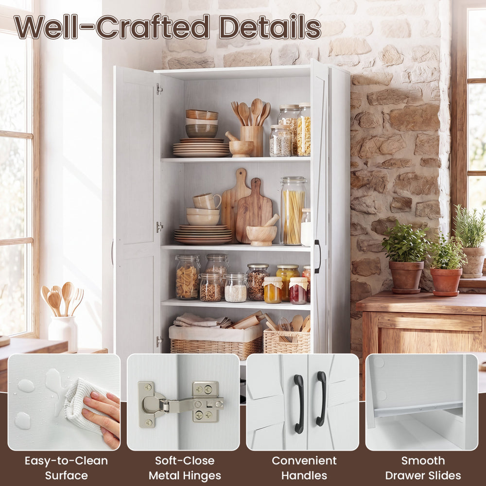 72-inch tall white kitchen pantry cabinet with 4-tier shelves, soft-close hinges, and convenient handles for organized.