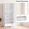 White 72-inch tall kitchen pantry cabinet with 4-tier shelves and extra drawer for organized storage in farmhouse style.