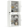 Tall white modern farmhouse cupboard cabinet with 4 barn doors, featuring adjustable shelves and a spacious storage.