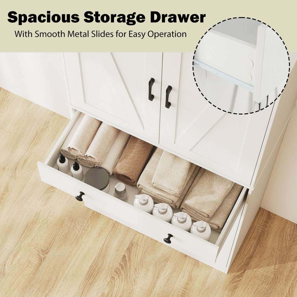 Spacious storage drawer of a 72-inch tall farmhouse cupboard cabinet with smooth metal slides for easy operation.