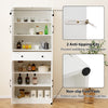 Modern farmhouse cupboard cabinet with 4 barn doors, featuring adjustable shelves and anti-tipping kits for stability.