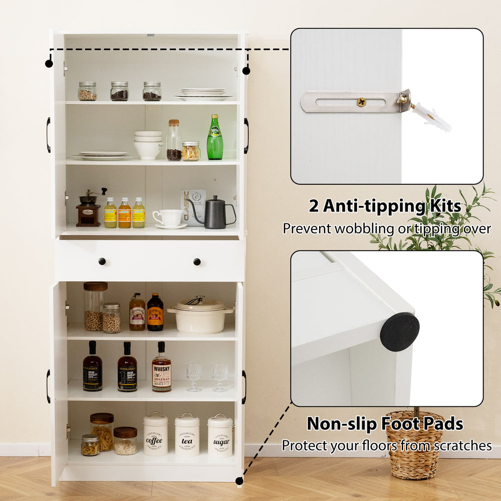 Modern farmhouse cupboard cabinet with 4 barn doors, featuring adjustable shelves and anti-tipping kits for stability.