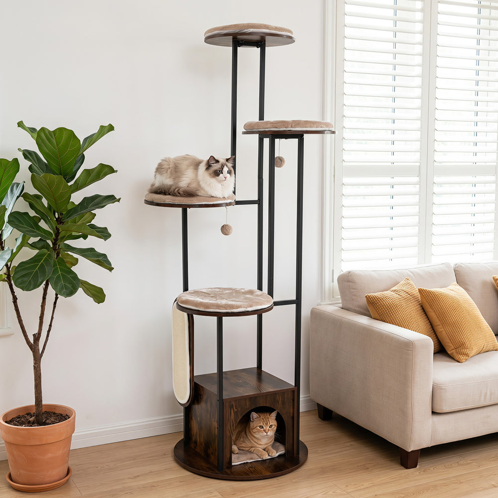 Multi-level cat condo with removable washable mats, large platforms, and a cozy private space for lounging and napping.