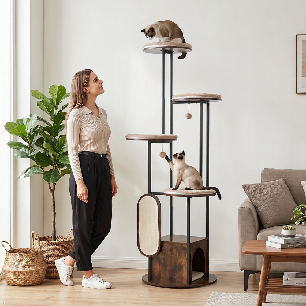 Multi-level 72-inch tall cat condo in rustic brown features large platforms, removable washable mats, and a private condo for naps.