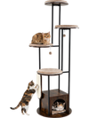 Multi-level 72-inch cat condo in rustic brown with large platforms, removable mats, and a private condo for cozy lounging.