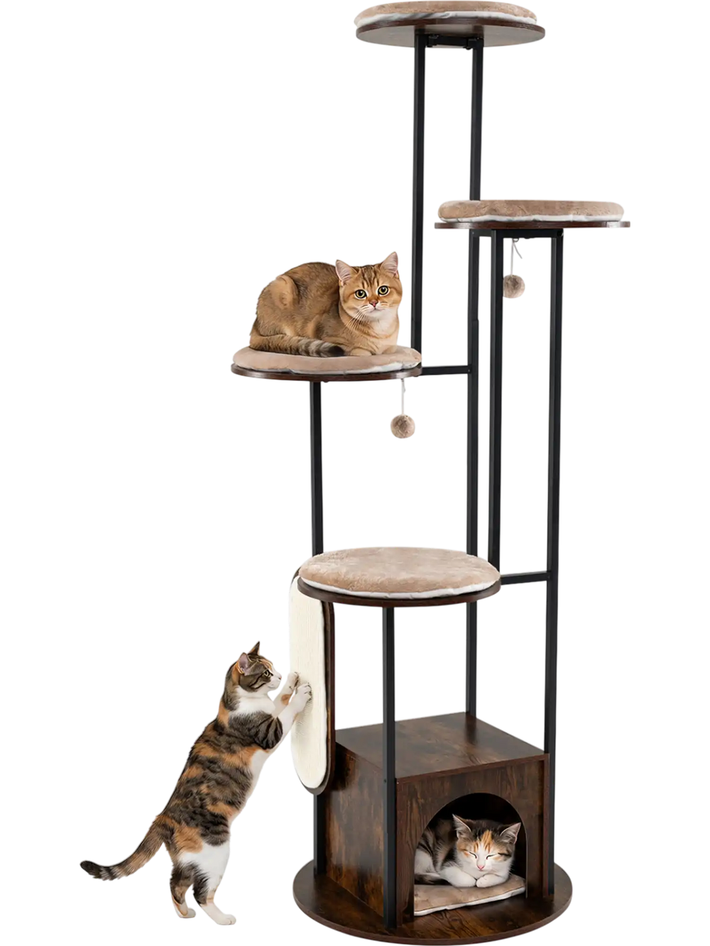 Multi-level 72-inch cat condo in rustic brown with large platforms, removable mats, and a private condo for cozy lounging.