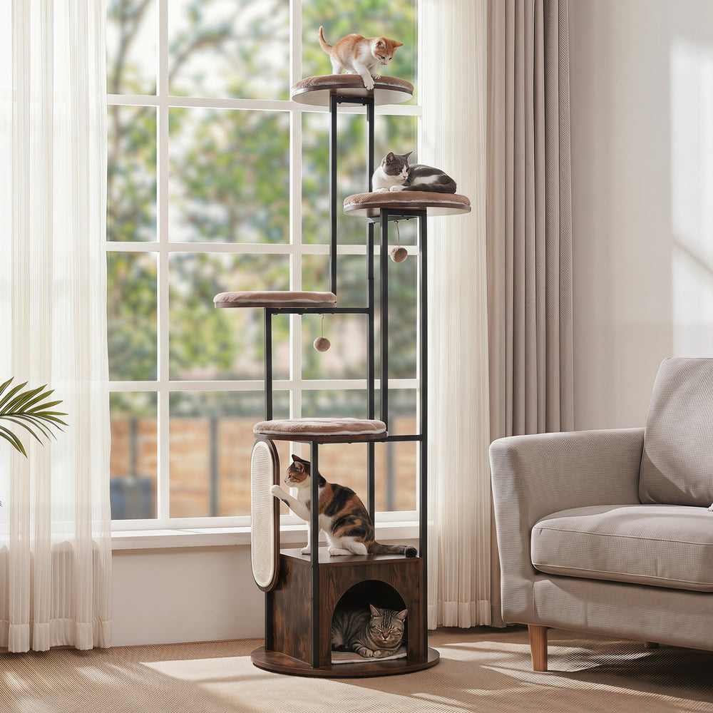 Multi-level 72-inch tall cat condo in rustic brown features large platforms, removable mats, and a cozy private condo for relaxation.