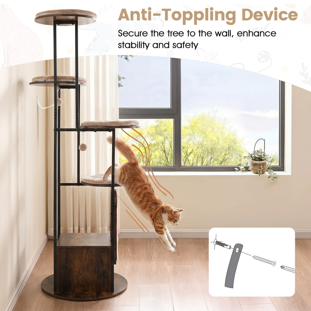 Multi-level cat condo features a rustic brown design, large platforms, and anti-tipping device for enhanced safety and stability.