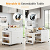 Extendable 72" kitchen island in white features ample storage, universal wheels, and a power outlet for versatile use.