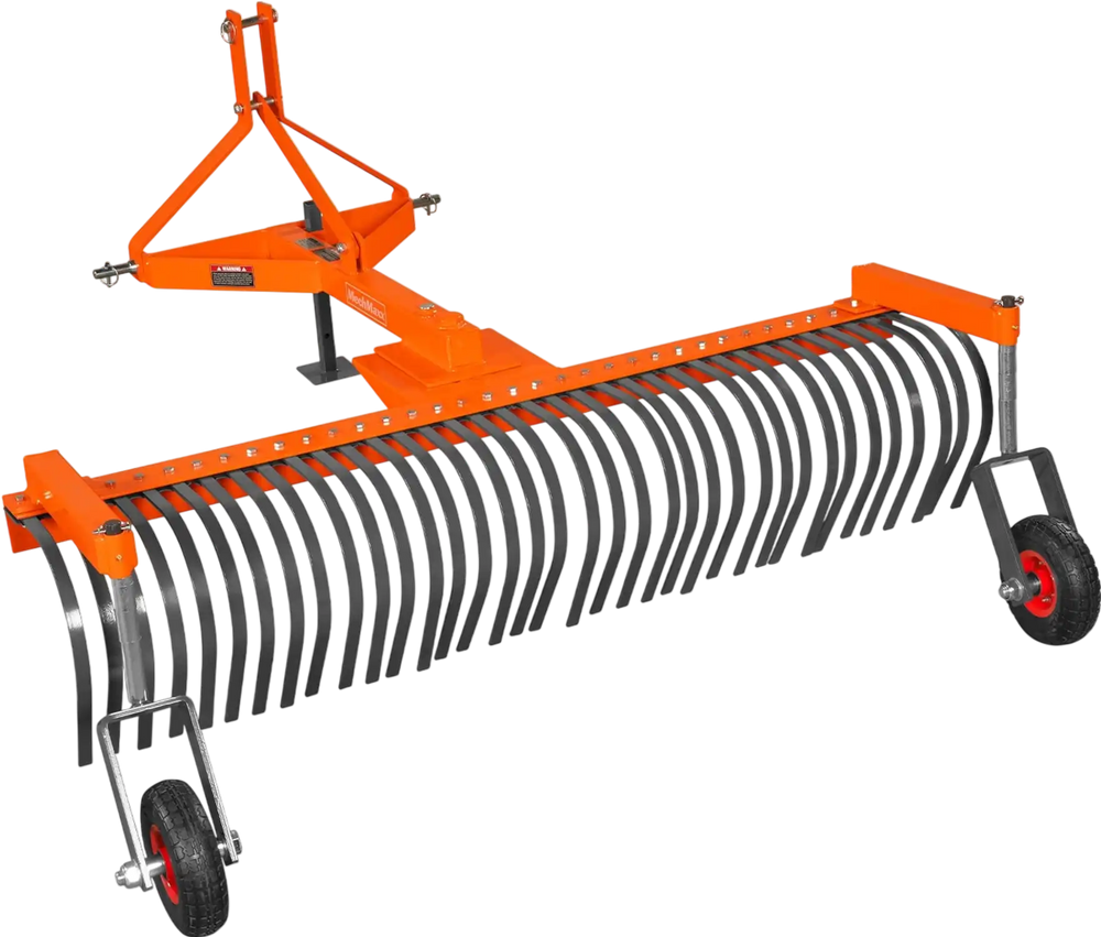 72" Landscape Rake with Bolt-On Wheels & 36 Tines 3 Point Hitch Tractor Attachment, LR72W