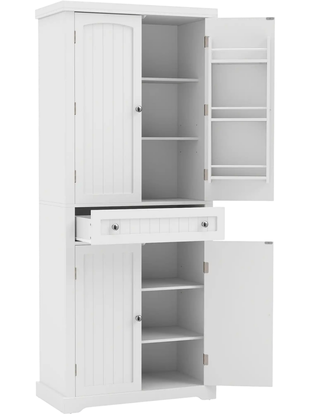Tall white kitchen cabinet featuring 4 fluted doors, 6 door shelves, and a wide central drawer for organized storage.
