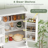 Tall white kitchen cabinet featuring 6 door shelves for organized storage of bottles and seasoning jars with anti-falling bars.