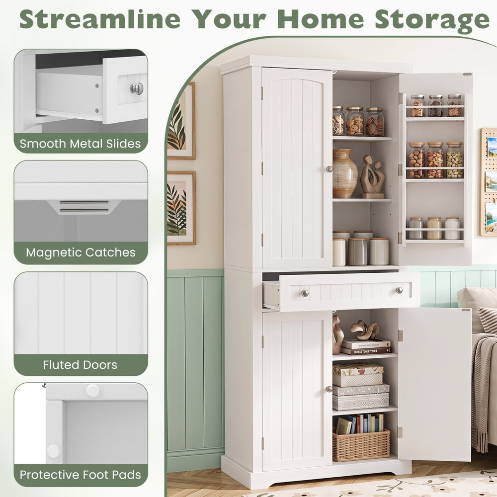 Tall white kitchen cabinet with 4 fluted doors, 6 door shelves, and a wide central drawer for organized pantry storage.