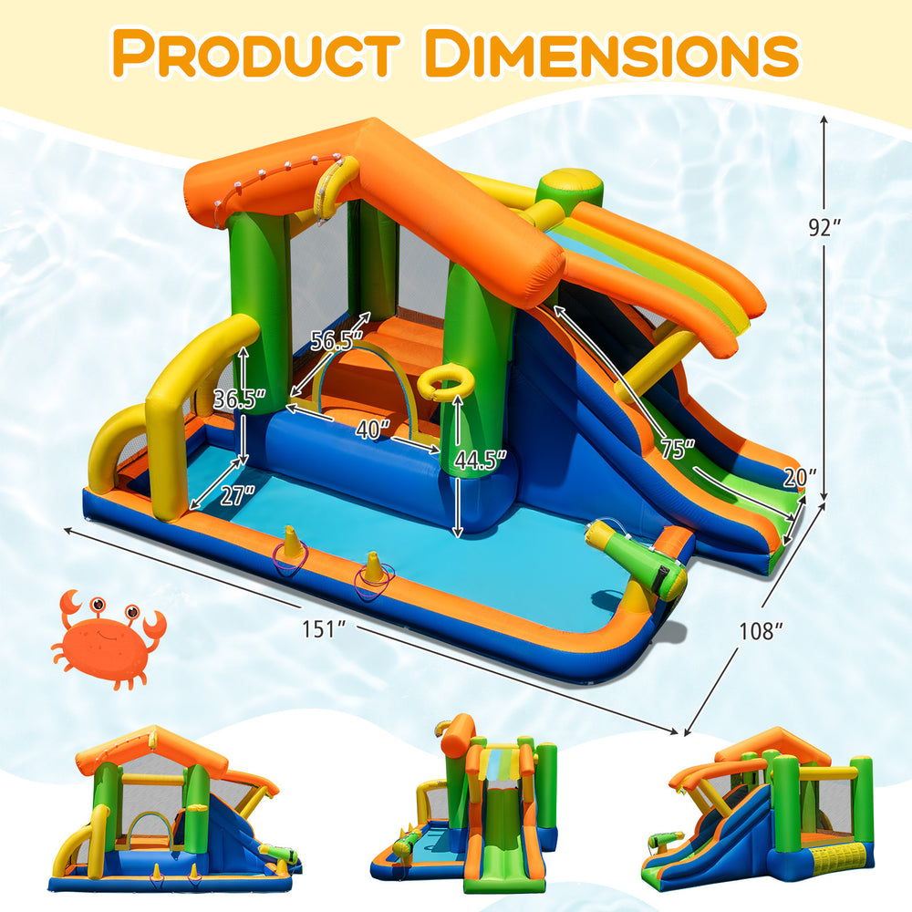 8-in-1 jumping castle with slide and pool dimensions, featuring climbing wall, water cannon, and safety mesh net.