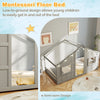 Twin size house bed in grey with LED lights, featuring a slat-free design and low-to-ground height for kids' safety.