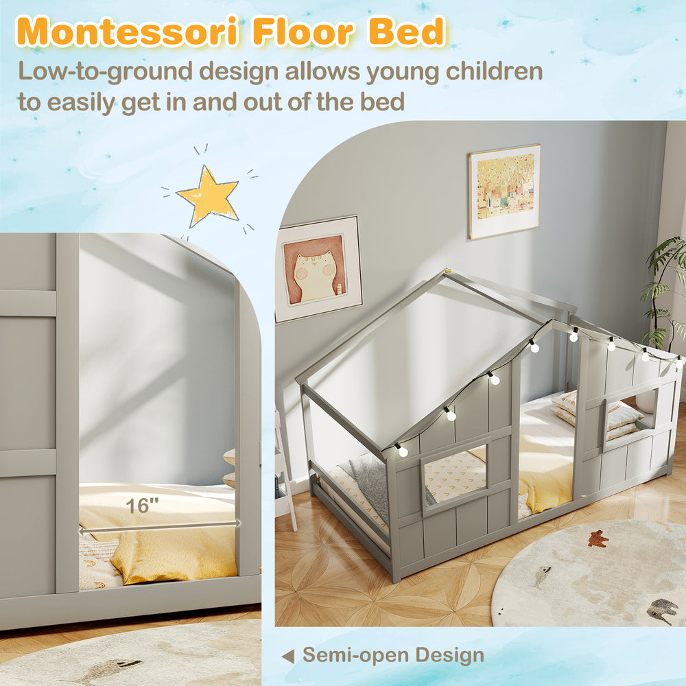 Twin size house bed in grey with LED lights, featuring a slat-free design and low-to-ground height for kids' safety.