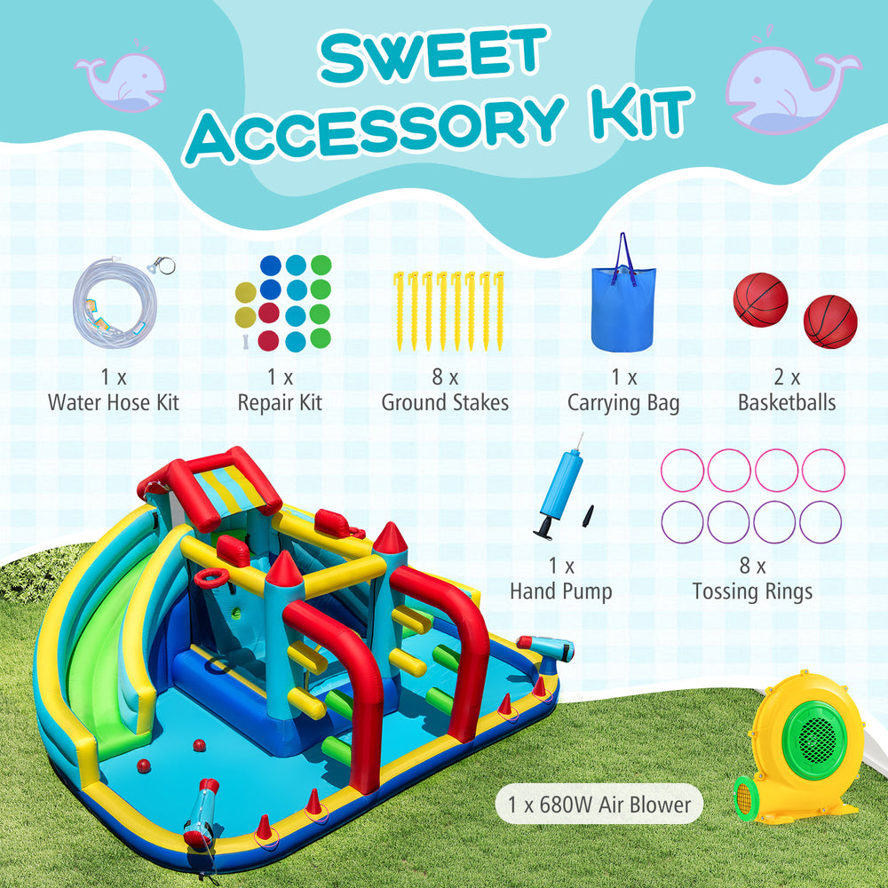 Inflatable Double Water Slide Park with obstacle course, 680W blower, and sweet accessory kit for outdoor fun.