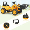 Kids ride-on excavator in yellow with realistic design, comfortable seat, and lifting arms for outdoor fun.